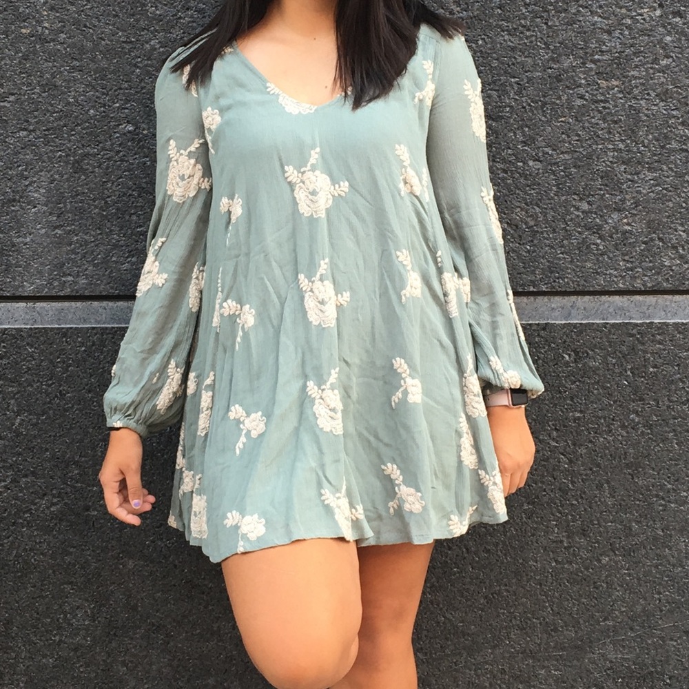 Free People embroidered green shift dress